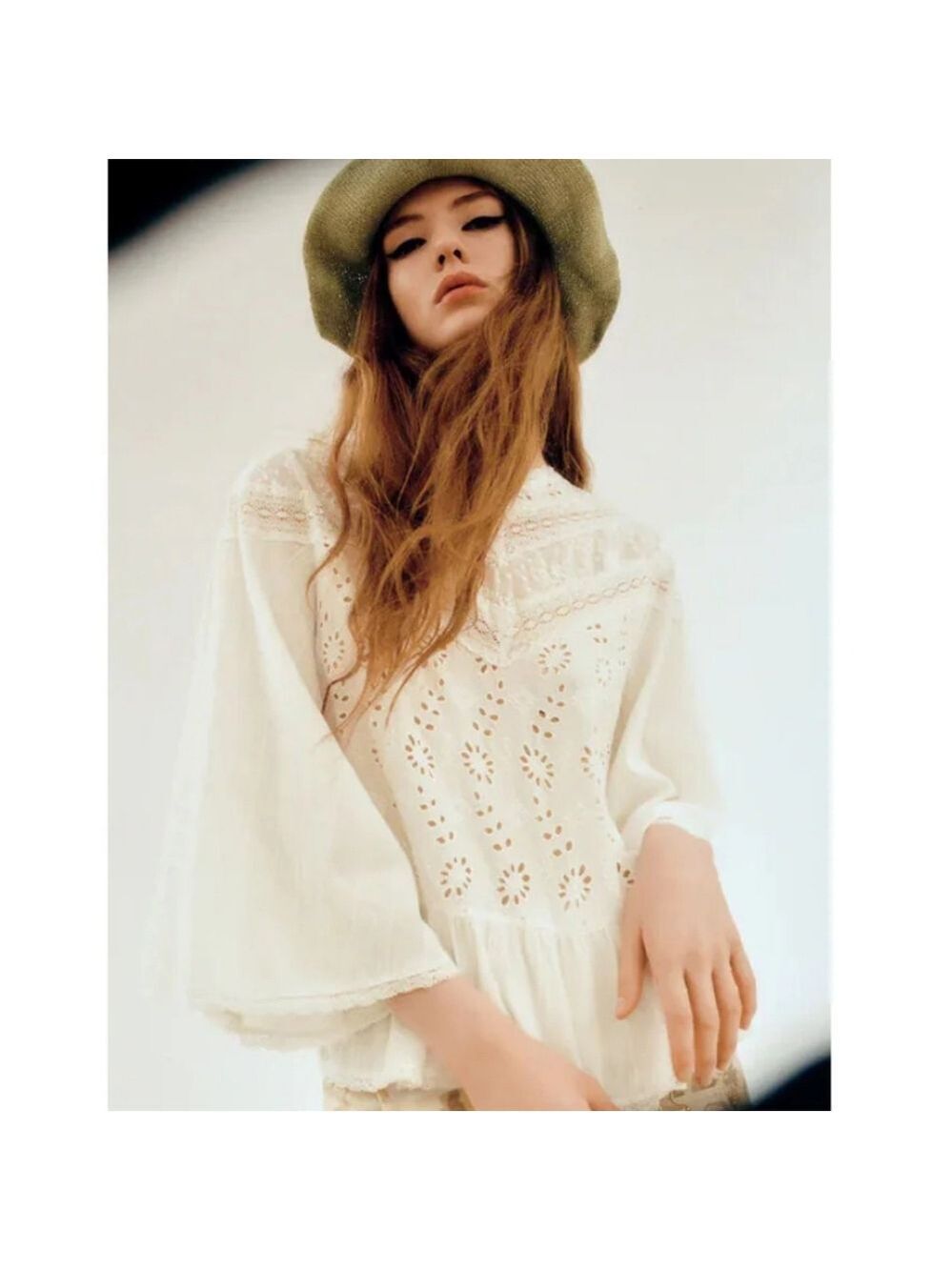 NWT Zara Lace Embroidered Eyelet Top Oyster White, Size XL